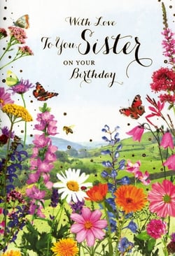 Delight your customers with this enchanting 'Sister' birthday card from Simon Elvin. Featuring a truly beautiful and vibrant meadow scene, the design is bursting with colourful wildflowers, graceful butterflies, a busy bee, and a charming ladybird, all set against a serene countryside backdrop. Sparkling details add an extra touch of magic. The elegant message, 'With Love To You Sister ON YOUR Birthday', makes it the perfect way to convey heartfelt wishes. Supplied in a convenient pack of 6, this card is a wonderful addition to any greeting card display, ready to bring joy to sisters everywhere.