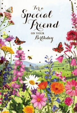 Celebrate special friendships with this enchanting birthday card from Simon Elvin. Featuring a vibrant meadow scene bursting with colourful wildflowers, delicate butterflies, and a busy bee, it's a truly delightful design. The heartfelt message, "For a Special Friend ON YOUR Birthday," is elegantly scripted, making it the perfect choice for a cherished female friend. The picturesque countryside backdrop adds an extra touch of charm. Each pack contains 6 of these beautiful cards, ensuring you're well-stocked for your customers. A wonderful way to convey warm wishes on their special day.
