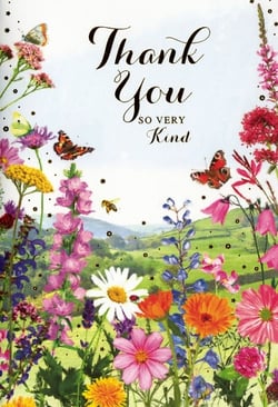 Express your heartfelt gratitude beautifully with our 'Thank You' cards from Simon Elvin. This delightful design captures the joy of a vibrant wildflower meadow, bursting with an array of colourful blooms. Graceful butterflies flutter among the flowers, a busy bee buzzes, and a charming ladybug adds a sweet detail, all set against a serene backdrop of rolling green hills.

The elegant script of 'Thank You so very Kind' conveys a truly warm and appreciative message. Perfect for acknowledging thoughtful gestures, these cards are sure to bring a smile to any recipient. Each pack contains 6 exquisite cards, making them an ideal addition to your retail display. Help your customers share their appreciation with this lovely design.
