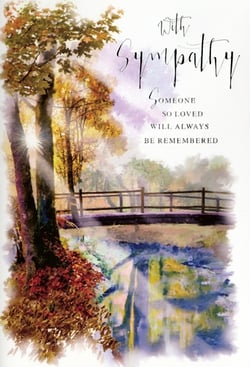 Offer your customers a truly beautiful way to express their condolences with our 'Sympathy' card from Simon Elvin. This exquisite card features a serene watercolour landscape, depicting a peaceful autumnal scene with a sun-dappled bridge over tranquil waters. The warm, comforting colours and gentle artistry create a heartfelt tribute.
The card's message, "With Sympathy Someone So Loved Will Always Be Remembered," offers a touching sentiment of remembrance and comfort. Perfect for conveying deepest sympathies, this card provides a thoughtful and elegant choice during difficult times. Available in a convenient pack size of 1x6, ensuring your shelves are stocked with quality cards that resonate with your customers.