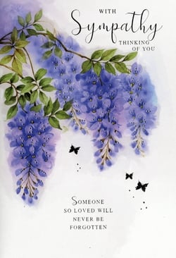 Offer your customers a truly heartfelt way to express their condolences with our beautiful Sympathy card from Simon Elvin. This exquisite card features a stunning watercolour design of delicate purple wisteria, lush green leaves, and graceful butterflies, conveying a sense of peace and remembrance. The thoughtful message, "WITH Sympathy THINKING OF YOU" and "Someone SO LOVED WILL NEVER BE FORGOTTEN," provides comfort and solace during difficult times. Its serene aesthetic makes it a perfect choice for those seeking a gentle and respectful tribute. Available in a convenient pack size of 1x6, this high-quality card is an essential addition to your greeting card selection, ensuring your customers can always find the perfect message of support.