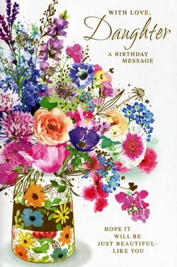 Celebrate your wonderful daughter's special day with this beautiful birthday card from Simon Elvin. Adorned with a vibrant watercolour bouquet of colourful flowers in a charming decorative vase, this card truly captures a sense of joy and elegance. The heartfelt message, 'WITH LOVE, Daughter, A BIRTHDAY MESSAGE, HOPE IT WILL BE JUST BEAUTIFUL- LIKE YOU,' offers a perfect sentiment for her big day. Delicate gold accents add a touch of sparkle, making this card truly stand out. It's a lovely way to show your affection and is sure to bring a smile to her face. Available in a convenient pack of 6.