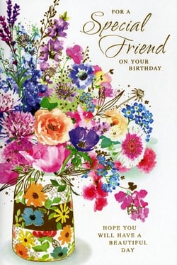 Brighten any friend's birthday with this exquisite card from Simon Elvin. Featuring a stunning watercolour bouquet bursting with vibrant colours and delicate gold accents, it's a truly beautiful way to send warm wishes. The elegant design showcases a variety of blossoms in a charming decorative vase, making it a delightful choice for a special female friend. The heartfelt message reads, 'FOR A Special Friend ON YOUR BIRTHDAY' and 'HOPE YOU WILL HAVE A BEAUTIFUL DAY'. Available in a convenient pack of 6, these cards are perfect for retailers looking to offer high-quality, visually appealing birthday greetings. A wonderful addition to any card display.