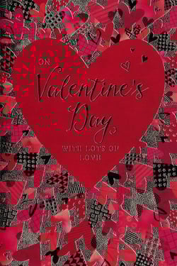 Prepare for a loving Valentine's Day with this delightful 'Open Male' card from Simon Elvin. This eye-catching design showcases a bold red heart, centrally placed and featuring the heartfelt message 'ON Valentine's Day WITH LOTS OF LOVE'. The background is adorned with a playful scattering of smaller hearts in varying shades of red and black, each boasting unique patterns for added visual interest.

This versatile card is ideal for any male recipient, offering a warm and thoughtful way to express affection. Available in a convenient pack of 6, it's a must-have addition to your seasonal greeting card selection. Ensure your customers can share their love with this charming card!