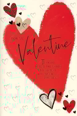 Offer your customers a truly heartfelt way to express their love this Valentine's Day with this beautiful card from Simon Elvin. Featuring a striking, textured red heart design, complemented by an array of smaller, charming hearts, it creates a wonderfully romantic aesthetic. The elegant script reads, "FOR MY Valentine," with the touching message "IT'S HARD TO FIND THE WORDS TO SAY JUST HOW MUCH YOU MEAN." This 'Open Male' card, with its universal heartfelt sentiment, is perfect for anyone looking to send a meaningful message to their special someone. Supplied in a convenient pack of 6, it's an essential addition to your seasonal greeting card selection.