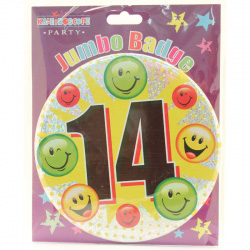 A jumbo badge with the number 14 on it.