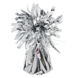 a silver balloon weight with tinsel on it