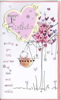 a happy 1st birthday card with a tree and hearts