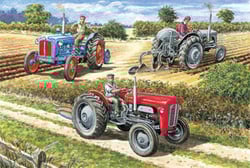 A painting of three tractors on a dirt road.