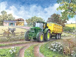 A painting of a John Deere tractor pulling a yellow trailer.