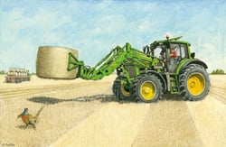 A painting of a John Deere tractor carrying a bale of hay.
(Note: The given sentence is already grammatically correct.)