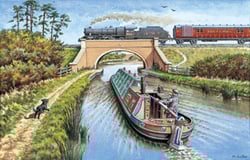 A painting of a boat and a train with LMT on the side.