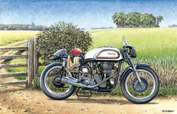 A painting of a Norton motorcycle in a field.