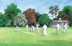 A painting of a cricket game by M. Salter.