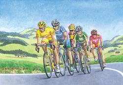 A painting of a group of cyclists, with one wearing a shirt that says "DHL."