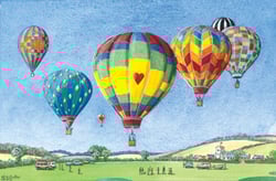 A painting of hot air balloons with one with a heart on it.
Corrected sentence: A painting of hot air balloons, with one having a heart on it.