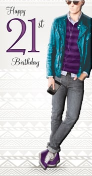 A happy 21st birthday card with a picture of a young man.