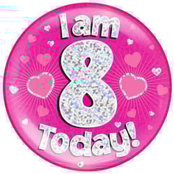 A pink plate with the words "I am 8 today" on it.