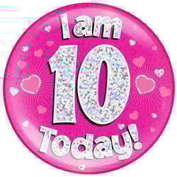A pink plate with the words "I am 10 today" on it.