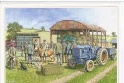 A painting of people standing around a Ford tractor.