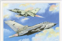 A painting of two fighter jets soaring in the sky.