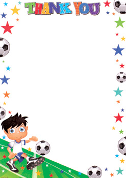 A thank-you card with a boy kicking a soccer ball.