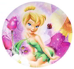 Tinkerbell is sitting in a circle with flowers and a ladybug.