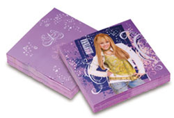 Two purple napkins with a picture of Hannah Montana on them.