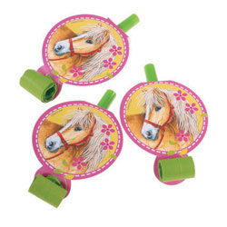Three party blowouts with a picture of a horse on each of them.