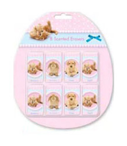 A package of scented erasers with dogs on it.