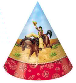 A party hat with a cowboy riding on a horse on it.
