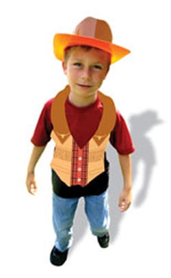 A young boy is wearing a cowboy hat and vest.