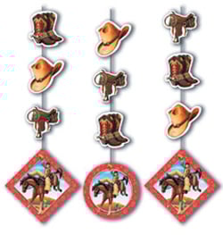 A string of cowboy decorations with a cowboy riding a horse.