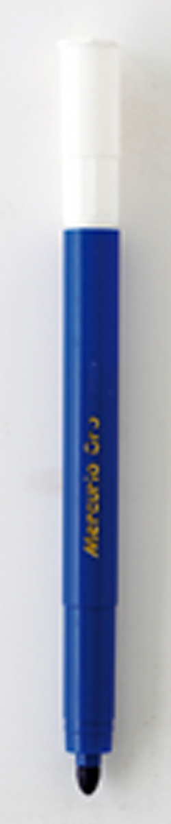 A blue marker with a white cap has the word "markers" on it.