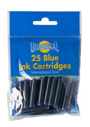 A bag of 25 universal blue ink cartridges.