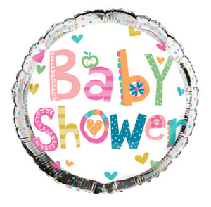 A baby shower balloon with hearts and apples on it.