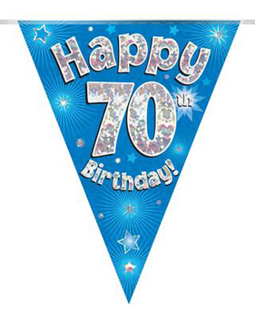 A blue, happy 70th birthday banner with stars and fireworks.