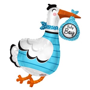 A baby boy balloon is in the shape of a stork.
