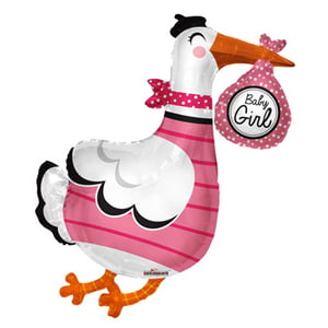 A stork-shaped balloon that says "baby girl" on it.