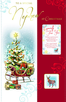 A Christmas card that says "To a special nephew at Christmas."