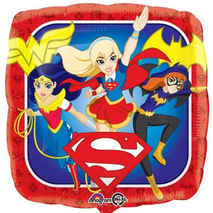 A Supergirl balloon with Wonder Woman, Supergirl, and Batgirl.