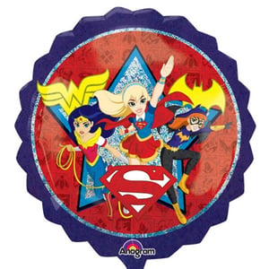 A superhero balloon with Superman, Batgirl, and Wonder Woman on it.
