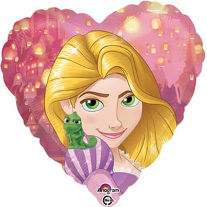 A heart-shaped balloon with Rapunzel and Pascal on it.