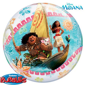 A Disney Moana balloon shows a man and a woman in a boat.