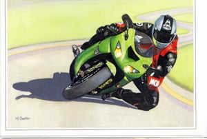 A painting of a man riding a green motorcycle with the word "MCN" on the front.