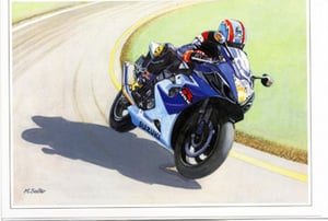 A painting of a person riding a Suzuki motorcycle.