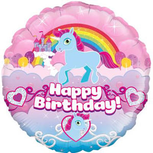 A happy birthday balloon with a unicorn and a rainbow on it.