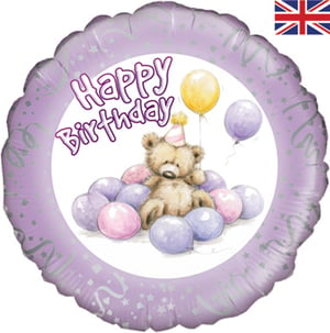 A purple birthday balloon with teddy bear and balloons.