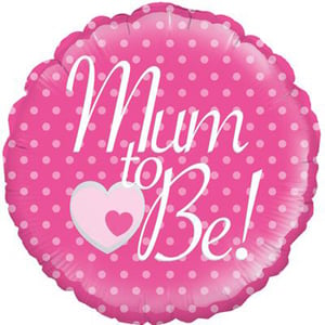 A pink polka dot balloon with the words "mum to be" and a heart on it.