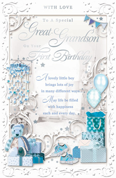 A first birthday card for a great-grandson.